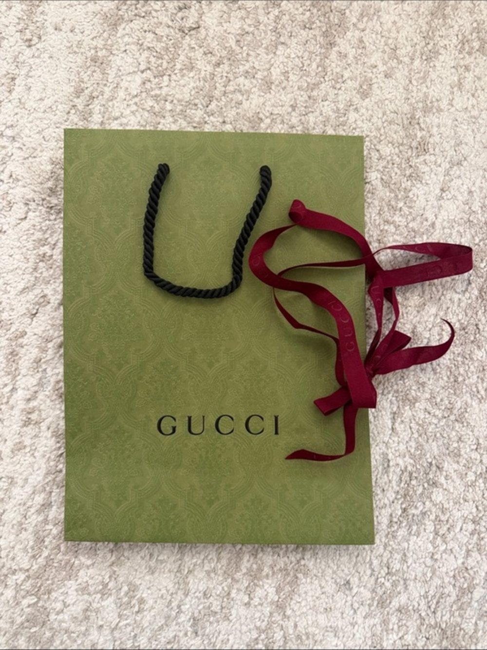 Gucci Olive Green Gift Bag with Burgundy Ribbon